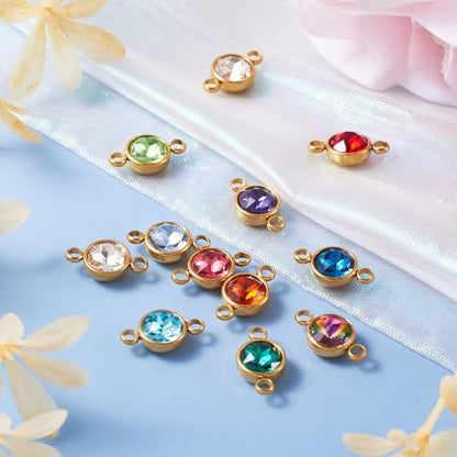 Pandahall 12Pcs Flat Round Birthstone Charms Glass Rhinestone Links Crystal Birthstone Charms Stainless Steel Connector Pendants 12 Colors for Earring Necklace Bracelet Keychain Making