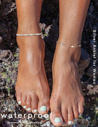RLMOON Gold Silver Anklets for Women CZ Ankle Bracelets 14K Gold Plated | Waterproof Layered Stackable Clover Butterfly Tennis Chain Anklet Non Tarnish Trendy Summer Beach Foot Jewelry - color: Silver anklet F