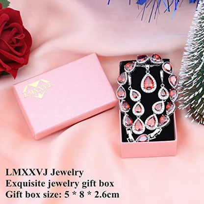 LMXXVJ Necklace Long Earrings Bracelet Set, White Gold Plated Created Blue Sapphire Jewelry Set Wedding Party Gift Jewelry for Women Bridal Bridesmaid - color: Garnet Red