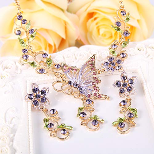 EleQueen Women's Crystal Butterfly Flower Leaf Necklace Earrings Set | Crystal Jewelry Set for Brides Bridesmaids, Necklace Set for Party - color: Gold-Tone Purple