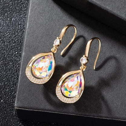 Austrian Crystal Halo Teardrop Hollow Drop Dangle Earrings for Women 14K Rose Gold Plated Hypoallergenic Jewelry Gifts - color: Aurora Borealis