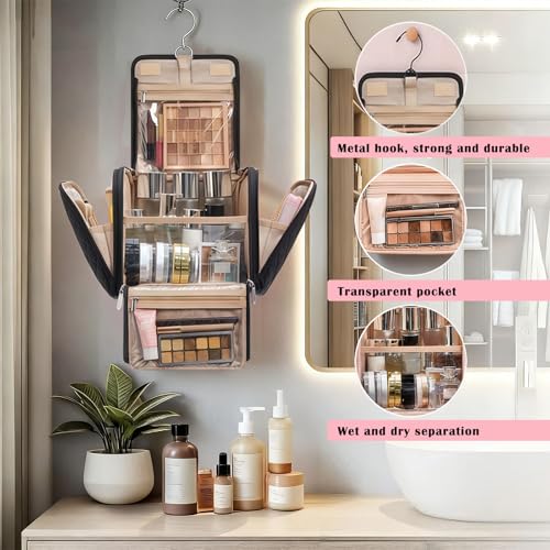 banapoy Hanging Toiletry Bag for Women, Roll up Cosmetics Makeup Bag, Travel Makeup Cosmetic Organizer with Hanging Hook, for Jewelry Toiletries, 10.63x9.45x6.30in (Black) - color: Black