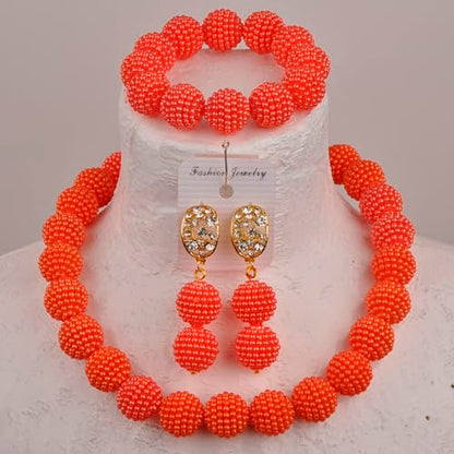 Nigerian Wedding African Beads Jewelry Set Women Simulated Pearl Necklace and Earrings - color: Orange