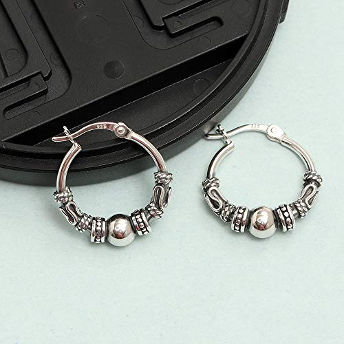 LeCalla 925 Sterling Silver Oxidized Balinese Hoops Earring Jewelry Small Antique Bali Beaded Hoop Earrings for Women - color: Bali Spiral Bead