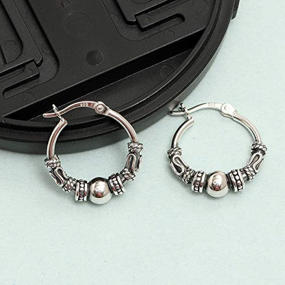 LeCalla 925 Sterling Silver Oxidized Balinese Hoops Earring Jewelry Small Antique Bali Beaded Hoop Earrings for Women - color: Bali Spiral Bead