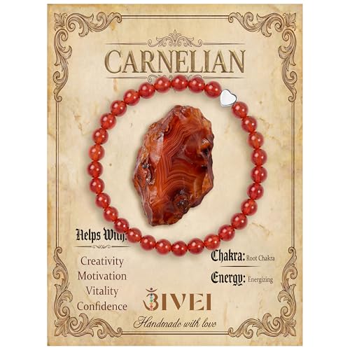 Bivei Crystal Stretch 6mm Bracelets for Women | Handmade Natural Stone Beaded Stretch Bracelet, Stainless Steel Heart Bead, Tranquility Yoga Gift Jewelry for Women - color: Carnelian - Energizing