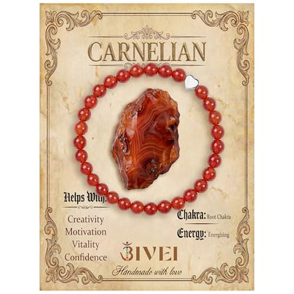Bivei Crystal Stretch 6mm Bracelets for Women | Handmade Natural Stone Beaded Stretch Bracelet, Stainless Steel Heart Bead, Tranquility Yoga Gift Jewelry for Women - color: Carnelian - Energizing
