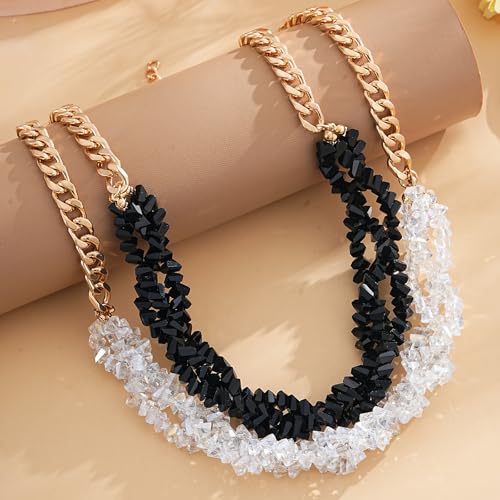 Crystal Statement Necklace with Gold Chain, Black and Clear Crystal Clusters, Chunky Curb Link Design, Fashion Jewelry for Women - color: White