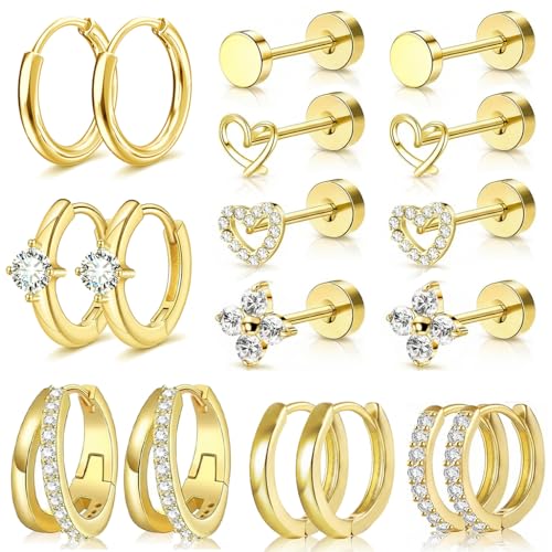 Nunpag 9 Pairs 14K Gold Plated Chunky Huggie Hoop Earrings Set for Women Hypoallergenic Stainless Steel Lightweight Small Earring Stacks for Multiple Piercings Non Tarnish Jewelry Gift Twisted 8-12mm - color: 18Pcs-Gold