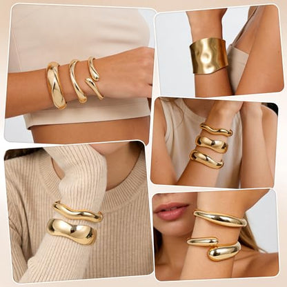 Chunky Gold Bangles Bracelets for Women, 14k Gold Plated Hinged Big Stackable Bangles Set, Trendy Wide Statement Cuff Bracelets Stack Fashion Jewelry Gifts - color: Gold-3pcs-Styles-3