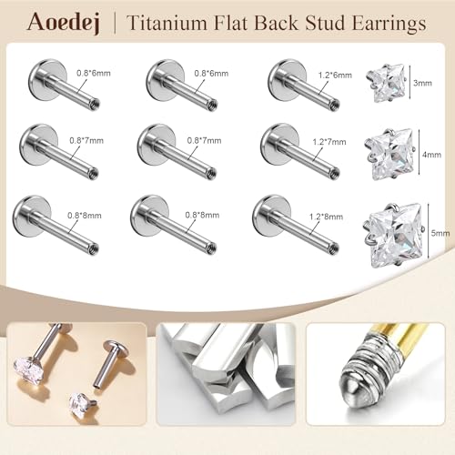 AOEDEJ 20/18/16G Titanium Internally Threaded Flat Back Stud Earrings 3/4/5mm Stars Square CZ Nose Lip Medusa Monroe Labret Piercing Jewelry for Cartilage Conch Tragus Helix Ear Studs - style: 16G-Squares