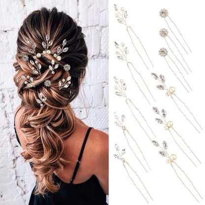 11 Pieces Bride Hair Pins Rhinestones Hair Accessories for Women Crystal Hair Piece for Wedding Bride Women Bridesmaids - color: 04 Gold-UJ-1029