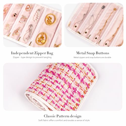 Abiudeng Tweed Travel Jewelry Organizer Roll with 20 Compartments - Rhinestone Button, Anti-Tarnish & Tangle-Free Necklace Storage Bag, Velvet Lined Scratch Protection Case for Women - Pink - color: Pink
