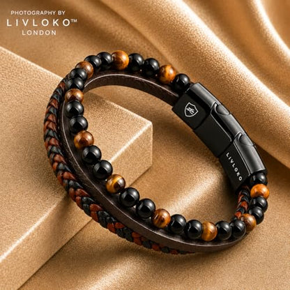 LONDON Mens Bracelet Leather Black Multi-Layer Stone Beads Adjustable Steel Clasp Viking Rope Bands Surfer Man Wristband Male UK Jewellery Gift box Boyfriend Dad Son Brother Tiger Eye - color: B. 19-22cm Black Brown Tiger-Eye Adjustable, size: Medium to L