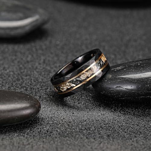 Mens Tungsten Carbide Wedding Bands 8mm Black Hammered Edge Gold Foil Inly Durable Scratch Proof Stainless Steel Cool Promise Ring for Him Comfort Fit - color: Black-8mm