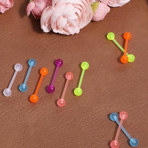 Acrylic Tongue Barbells Rings 24 PCS 15G Glow in Dark Flexible Straight Tongue Rings Colorful Plastic Ring Body Piercing Jewelry Bars for Women Men Work Sports 18mm