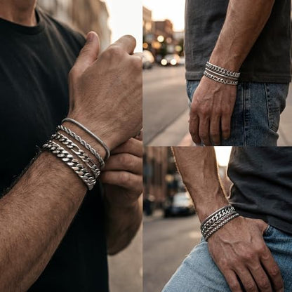 6 Pcs Silver/Gold Bracelets for Men, Cuban Link Chain Stainless Steel Bracelet Stack Metal Figaro Rope Black Bracelet Set Mens Fashion Accessories Jewelry Set for Men Dad Husband Son 7.5/8.3/9 Inches - size: 8.3 in-Men Medium Women Large