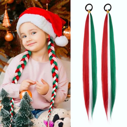 2 Pack Braid Ponytail Extension, Full of Christmas Color Ponytail Extension | 26 Inch Braid Extensions with Elastic Tie Straight Tube Sleek Wrap Extension Hair Ponytail (Green/White/Red#) - color: Green/White/Red#, size: 26 Inch（Pack of 2）