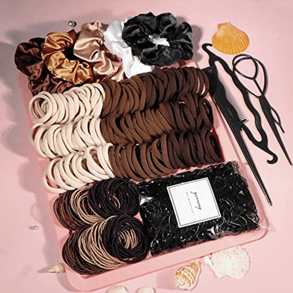 YANRONG Brown Hair Ties For Women Girls,Elastic Ponytail Holders Rubber Band For Thick Hair & Thin Hair Fashion Hair Accessories Set（809PCS） - color: Brown
