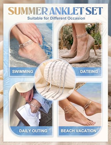 Subiceto Ankle Bracelets for Women Waterproof - 14K Gold Plated Non Tarnish Anklets Set Dainty Stainless Steel Stackable Layered for Beach Summer Jewelry Adjustable - color: 6Pcs-Silver