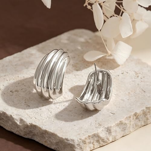 MUYAN Chunky Textured Earrings for Women Large Statement Studs | Brass Hypoallergenic Jewelry, Fashion Accessories, Gifts for Women - color: Silver