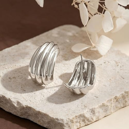 MUYAN Chunky Textured Earrings for Women Large Statement Studs | Brass Hypoallergenic Jewelry, Fashion Accessories, Gifts for Women - color: Silver