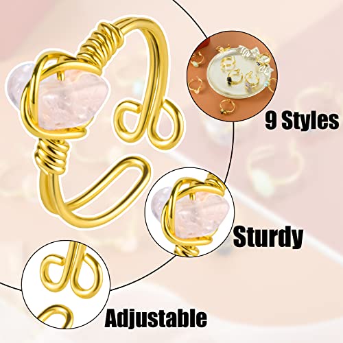 9 PCS Healing Crystal Ring, Adjustable Wire Wrapped Rings Irregular Gemstone Rings Set for Women - color: Gold-Style A