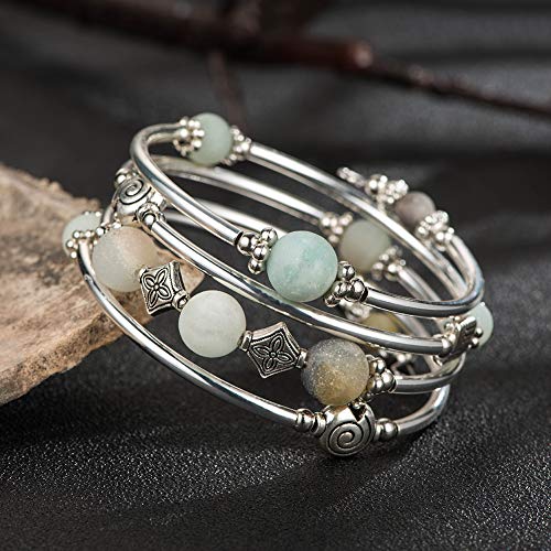 Beaded Pearl Bangle Wrap Bracelet - Fashion Bohemian Jewelry Multilayer Charm Bracelet with Thick Silver Metal Beads, Gift For Women - color: Green