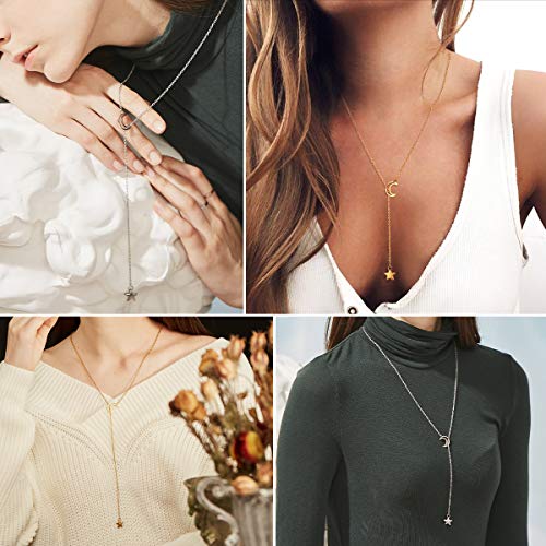FOCALOOK Heart Lariat Necklaces for Women, Long Slip Chain Necklace | Hypoallergenic 316L Stainless Steel Silver/Black/Gold Plated, Front Slider Closure, Non Tarnish, Layered look, Everyday Wear - color: 18:Silver Star Moon