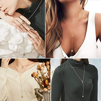 FOCALOOK Heart Lariat Necklaces for Women, Long Slip Chain Necklace | Hypoallergenic 316L Stainless Steel Silver/Black/Gold Plated, Front Slider Closure, Non Tarnish, Layered look, Everyday Wear - color: 17:Gold Star Moon