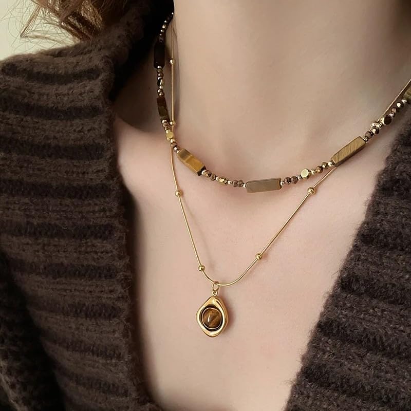 2pcs Retro Temperament Layered Tiger Eye Stone Pendant Necklace For Women Stainless steel Double-Layer Collarbone Chain Sets