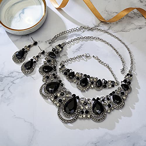 Women's Statement Jewelry Set for Wedding Prom Accessories | Shiny Teardrop Crystal Cluster Hollow Necklace Dangle Earrings Chain Bracelet Set for Bride Bridesmaid - color: Black Silver-Tone