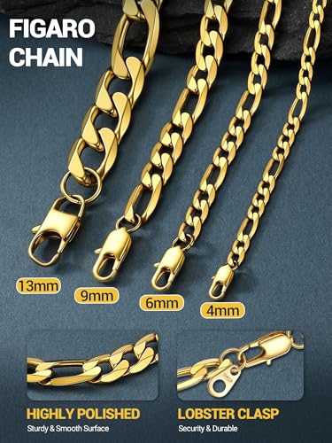 PROSTEEL Stainless Steel Figaro Link Chain Necklace for Men Women | 18K Gold Plated/Black/Silver,4/6/9/13mm Width,Sweat-proof and Fade-resistant Diamond Cut Chain with Sturdy Clasp,18"-30" - color: Gold, size: 14 inch(choker), style: 4mm Width