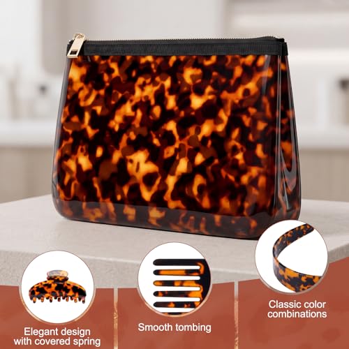 Thiccywoov 4 Pcs Tortoise Shell Makeup Bag with Hair Accessories Set for Women, Travel Cosmetic Pouch, Wide Headband, Large Claw Clip, Wide Tooth Comb, Retro Hair Styling Gift Set