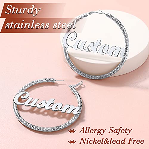 FindChic Chunky Hoop Earrings for Women, Silver/Black/14K Gold Plated Crossover Patterned Hollow Tube Rounded Loop Earrings, 30mm/40mm/60mm/80mm Hoops with Custom Name Options and Gift Box - color: e.Silver (Custom Name), size: 80MM