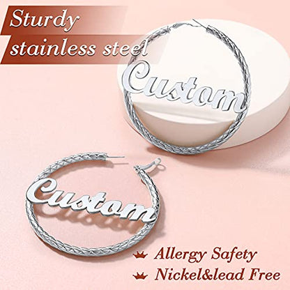 FindChic Chunky Hoop Earrings for Women, Silver/Black/14K Gold Plated Crossover Patterned Hollow Tube Rounded Loop Earrings, 30mm/40mm/60mm/80mm Hoops with Custom Name Options and Gift Box - color: e.Silver (Custom Name), size: 80MM