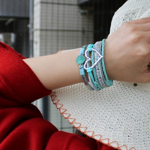 Womens Love Heart Leather Wrap Bracelet Multi-layer Stacked Bangle | Magnetic Clasp Soft PU Leather Resin Stone Rhinestone Boho Style Birthday Valentine Christmas Bohemian Jewelry Gift - color: Sky Blue