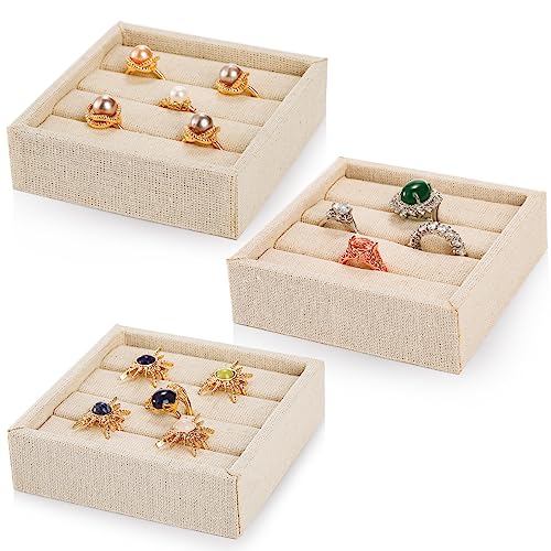3 Pcs Linen 3 Slots Ring Earrings Display Trays, Ring Earrings Organizer Holder Jewelry Tray Box Showcase Display, Stackable Jewelry Organizer Trays, Jewelry Drawer Organizer Inserts