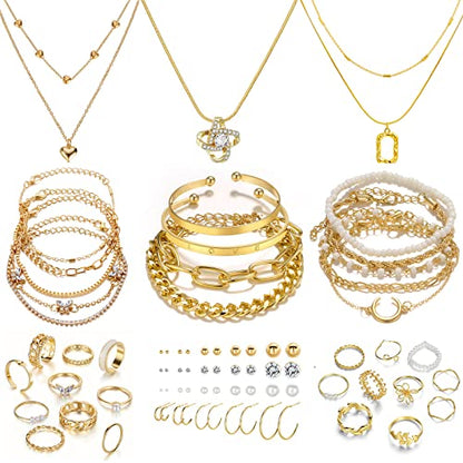 IFKM Gold Plated Jewelry Set for Women,14k Gold Plated Multi Layer Necklaces Stackable Bangle Bracelets Stackable Knuckle Rings Hoop Earrings Set Anniversary Trendy Elegance Charms Anniversary Birthday Jewelry Gift - color: Gold