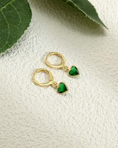 Small Emerald Heart Dangling Huggie Earrings 14K Gold Plated Hoop Earrings for Women Dainty Green Heart Earrings Gift for Mom Girlfriend