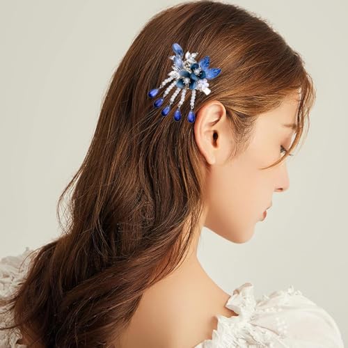 A Pair Wedding Hair Clips, Handmade Floral Design Crystal Hair Clips Pearl Barrettes, Rhinestones Flower Clips Pearl Headpieces Hair Pins Hair Accessories for Women Girls (Blue) - color: Blue
