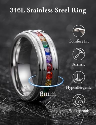 King Will 316L Stainless Steel Wedding Band for Men Cubic Zirconia Inlay | Silver-Tone, 6/7/8mm, Comfort Fit, Durable, Zirconia inlay, Promise Gift - color: Steekl-Multicolor-7mm