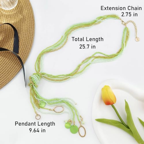 Coiris Long Seed Beaded Multi Strand Necklace,10 Multiple Statement Long Bib Necklace with Tie Knot for Women and Girls Jewelry - color: Jasmine Green
