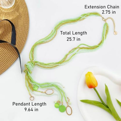 Coiris Long Seed Beaded Multi Strand Necklace,10 Multiple Statement Long Bib Necklace with Tie Knot for Women and Girls Jewelry - color: Jasmine Green