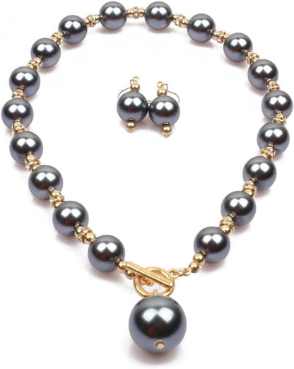 XAM 2PCS/set Large Simulated Pearl Necklace and Stud Earring for Women Brides Chunky Pearl Retro Costume Necklace Set Statement Wedding Jewelry 1920s Costume Jewelry Set - color: Gray