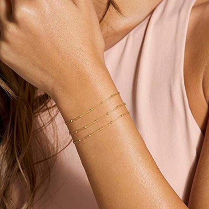 Dainty Gold Bracelets for Women, 14K Gold Plated Adjustable Layered Beads Bracelet Cute Evil Eye Oval Chain Pearl Bar Turtle Gold Bracelets for Women Jewelry - style: Beads Chain-Gold
