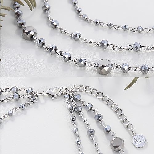 Firstmeet Long Chain Multi Layer Fashion Glass Beads Handmade Necklace for Women - color: Silver Grey-bk