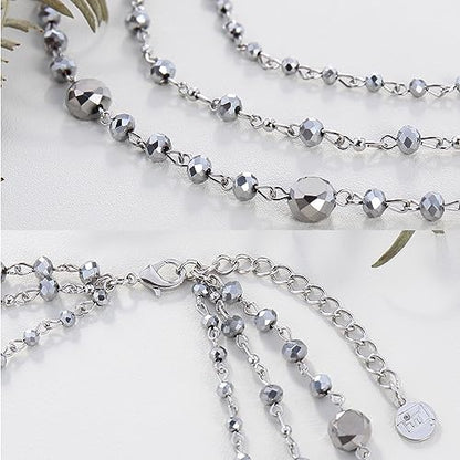 Firstmeet Long Chain Multi Layer Fashion Glass Beads Handmade Necklace for Women - color: Silver Grey-bk