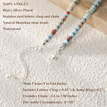 XIJIN Natural Stone Beaded Anklets for Women Handmade Beach Boho Turquoise Beads Ankle Bracelet Jewelry Gift for Her - color: Silver-C