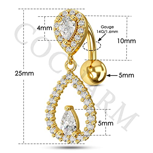 Top Down Belly Button Rings 14g Cute CZ Heart Belly Button Rings for Women Dangle Tear Drop Belly Ring Belly Piercing Jewelry - color: Gold
